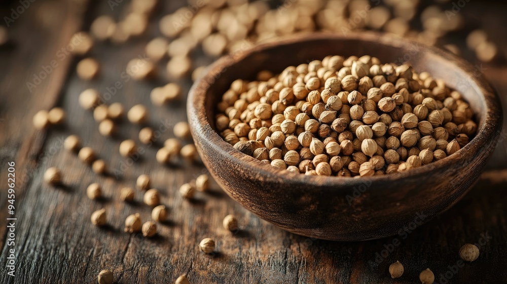 Dried coriander seeds in a small bowl on a wooden table, captured in a detailed close-up. An earthy and natural visual for culinary themes. Dried coriander seeds in a small bowl on a wooden table, captured in a detailed close-up. An earthy and natural visual for culinary themes.