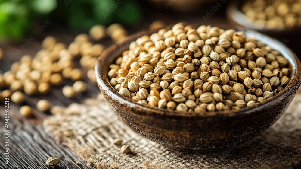 Dried coriander seeds in a small bowl on a wooden table, captured in a detailed close-up. An earthy and natural visual for culinary themes. Dried coriander seeds in a small bowl on a wooden table, captured in a detailed close-up. An earthy and natural visual for culinary themes.