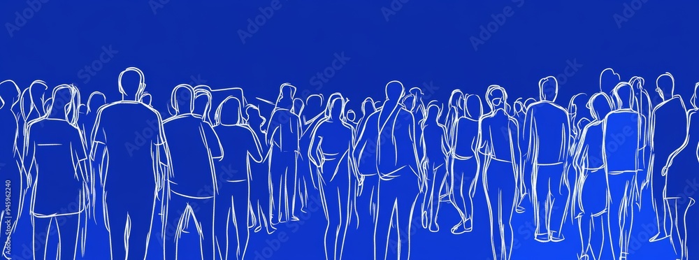 Crowd illustration with people in white on a blue background Crowd illustration with people in white on a blue background