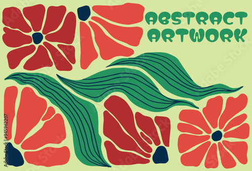 illustration of bright colorful flowers in 1960 design style, mid century modern artwork