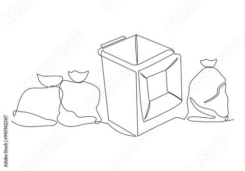 Continuous single line sketch drawing of recycle bin dustbin rubbish bin and trash garbage bag home appliance kitchenware tools one line vector illustration