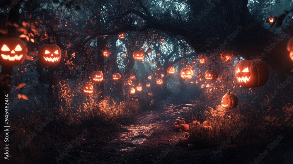 A spooky forest trail, lined with jack-o'-lanterns and hanging lanterns, leading into the darkness with a sense of eerie anticipation. A spooky forest trail, lined with jack-o'-lanterns and hanging lanterns, leading into the darkness with a sense of eerie anticipation.