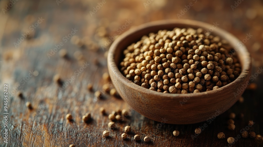 Dried coriander seeds in a small bowl, resting on a wooden table. Close-up shot with rich textures and earthy tones. Dried coriander seeds in a small bowl, resting on a wooden table. Close-up shot with rich textures and earthy tones.
