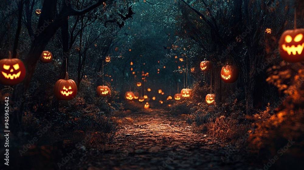 A spooky forest trail, lined with jack-o'-lanterns and hanging lanterns, leading into the darkness with a sense of eerie anticipation. A spooky forest trail, lined with jack-o'-lanterns and hanging lanterns, leading into the darkness with a sense of eerie anticipation.