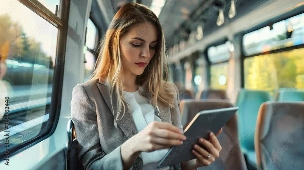 A woman sits on a train, intently focused on her tablet. The scene captures a moment of modern travel, blending technology with the journey ahead. A woman sits on a train, intently focused on her tablet. The scene captures a moment of modern travel, blending technology with the journey ahead.