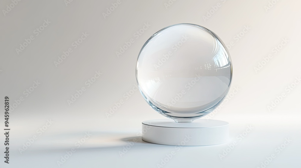 Elegant 3D-rendered transparent glass sphere on a circular base, placed on a simple white background with copy space. Elegant 3D-rendered transparent glass sphere on a circular base, placed on a simple white background with copy space.