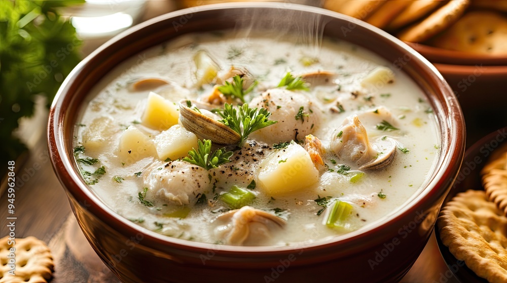 A steaming bowl of clam chowder with chunks of clams, potatoes, and celery, garnished with fresh parsley, served with oyster crackers on the side. A steaming bowl of clam chowder with chunks of clams, potatoes, and celery, garnished with fresh parsley, served with oyster crackers on the side.