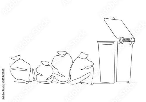 Continuous single line sketch drawing of recycle bin dustbin rubbish bin and trash garbage bag home appliance kitchenware tools one line vector illustration