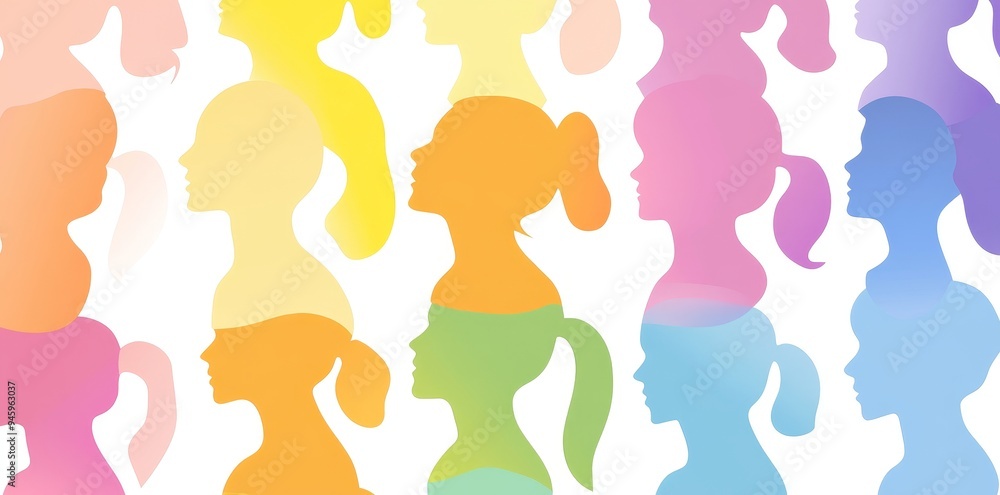 Stock illustration of colorful line drawings depicting profile silhouettes, representing human diversity and unity Stock illustration of colorful line drawings depicting profile silhouettes, representing human diversity and unity