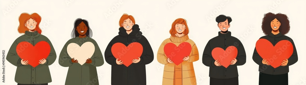 Stock image of diverse people holding hearts in their hands, smiling and looking at each other Stock image of diverse people holding hearts in their hands, smiling and looking at each other