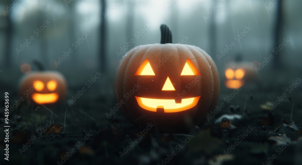Lit Jack-O'-Lanterns in a Forest Lit Jack-O'-Lanterns in a Forest