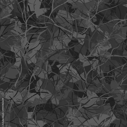 Dark grayscale military vector leaves repeating floral seamless pattern