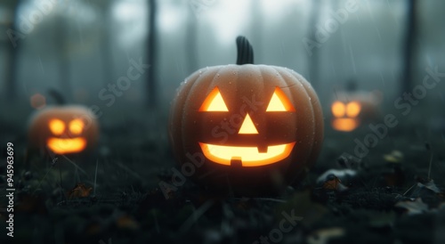 Lit Jack-O'-Lanterns in a Forest