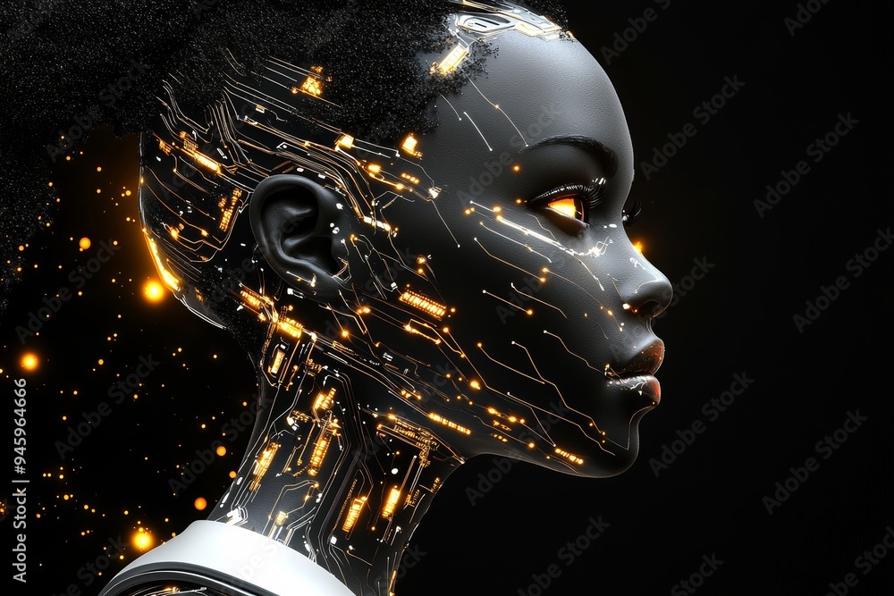 Creating an ai collage of a female robot invention on a dark black background Creating an ai collage of a female robot invention on a dark black background
