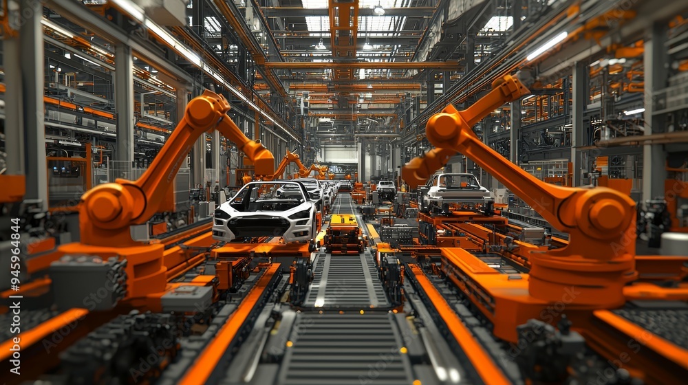 Battery pack assembly line for electric vehicles in industrial setting at a large, well-lit factory, in stunning detail Battery pack assembly line for electric vehicles in industrial setting at a large, well-lit factory, in stunning detail