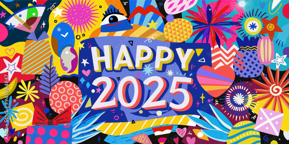 Fototapeta premium Colorful festive New Year 2025 card with abstract hand drawn patterns and shapes