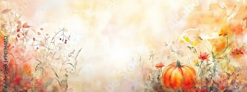 An autumnal watercolor painting with leaves, pumpkins, and wildflowers in the middle of a white border, with long side borders and empty space in the center of each line.