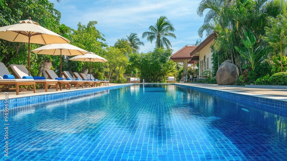 Elegant resort swimming pool with chairs and umbrellas, capturing the holiday vacation atmosphere. Elegant resort swimming pool with chairs and umbrellas, capturing the holiday vacation atmosphere.