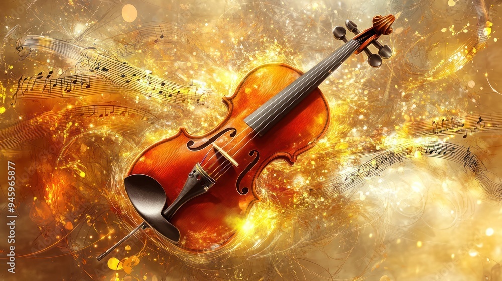 Fototapeta premium A golden violin is surrounded by musical notes