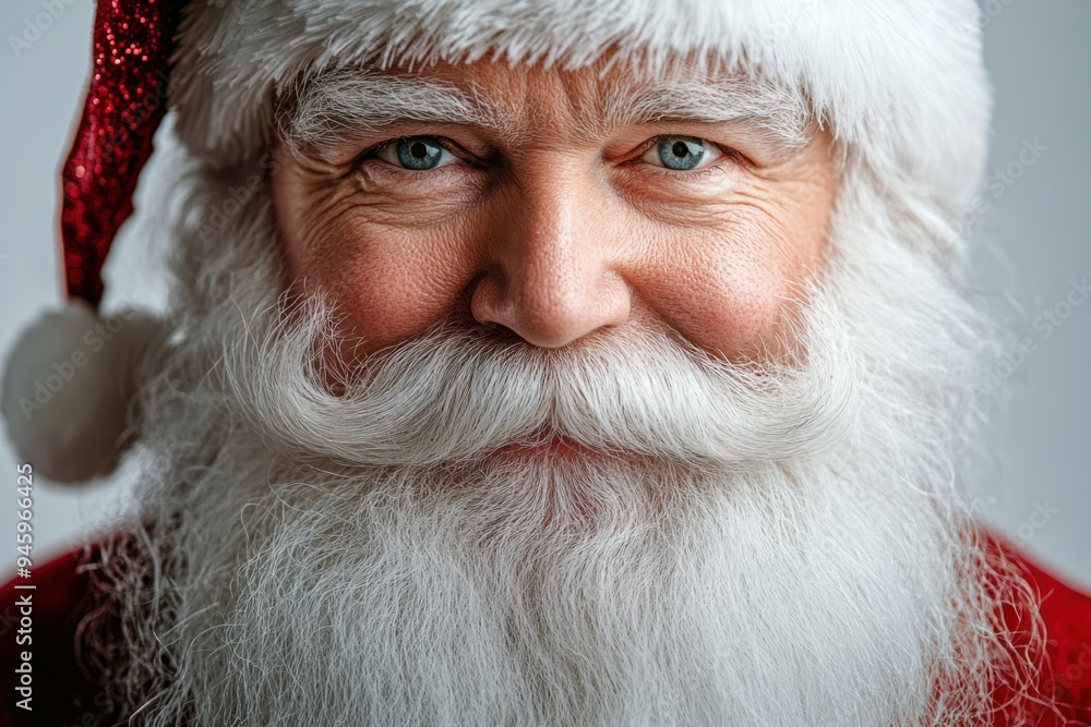 Festive Father Christmas beard with red hat and white pom-pom against a plain background. Festive Father Christmas beard with red hat and white pom-pom against a plain background.