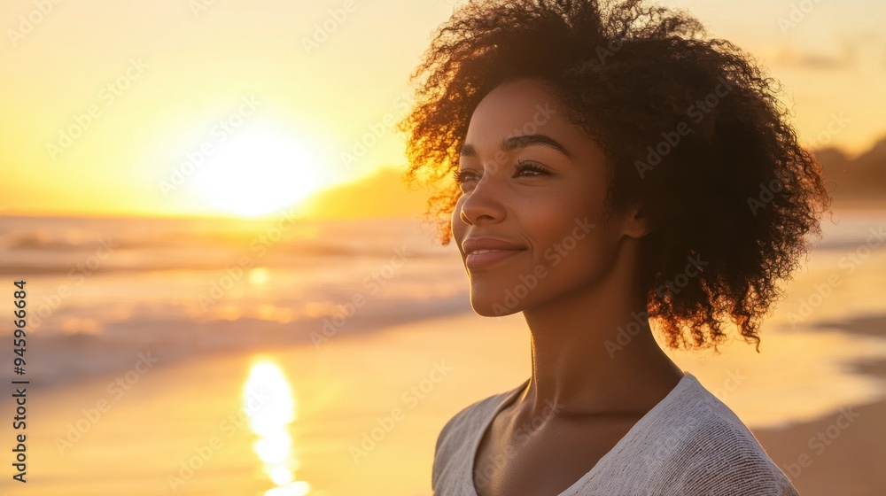 Serene Sunset Beach Portrait of Smiling Young Woman Serene Sunset Beach Portrait of Smiling Young Woman