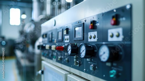 Control panel with digital displays and switches in a factory