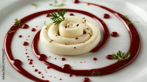 Creative food plating with sauces forming artistic swirls photo