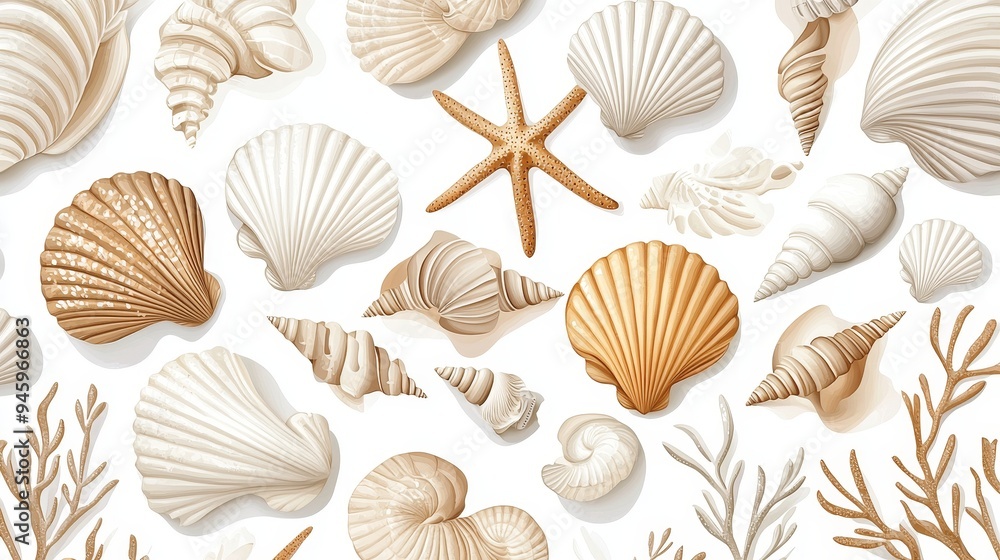 A pattern of seashells and marine life, evoking a coastal, beachy feel with soft, muted colors A pattern of seashells and marine life, evoking a coastal, beachy feel with soft, muted colors
