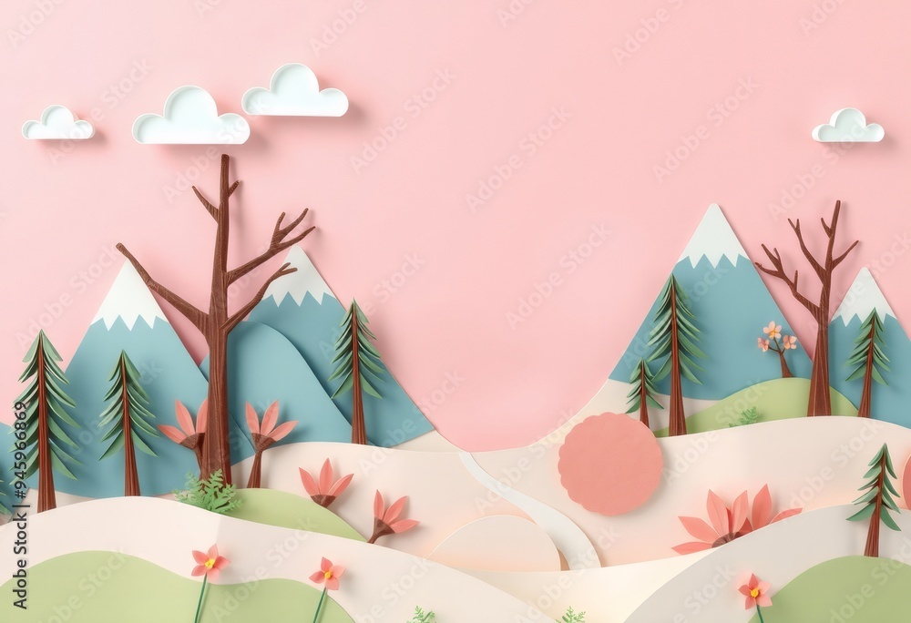 Paper cut-out mountains, trees, and flowers against a pink background. Paper cut-out mountains, trees, and flowers against a pink background.