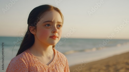 Serene Young Girl Enjoying Sunset by Sea