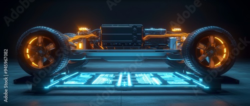 Concepts for future EV showcase concepts, such as electric sport fast car chassis and battery packs with high performance or future EV production prototypes as large banners with copy space