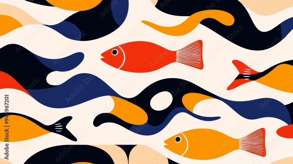 A pattern of stylized fish swimming in waves, with elongated bodies and abstract shapes A pattern of stylized fish swimming in waves, with elongated bodies and abstract shapes