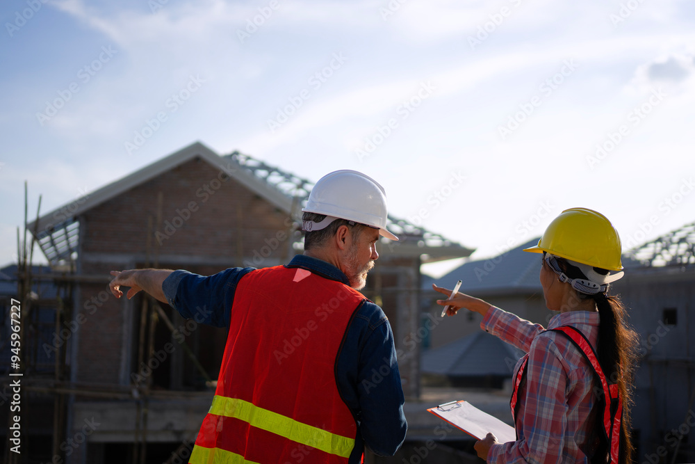 Blue collar workers are building house. Blue collar workers are building house.