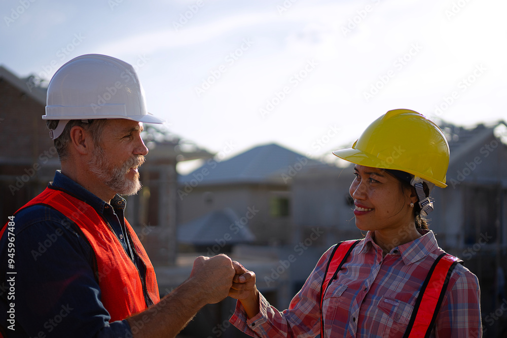 Blue collar workers are building house. Blue collar workers are building house.