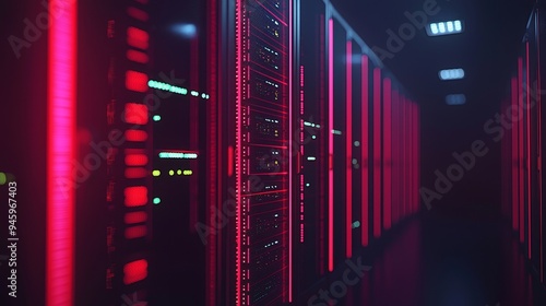 Stock image of a modern LED console in a server room data center.