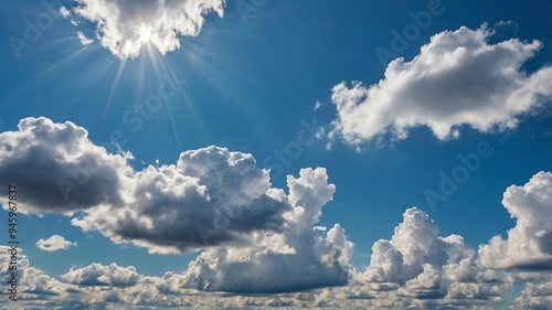 Clear blue sky with a few white clouds sere photo