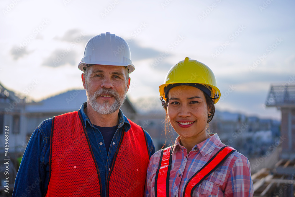 Blue collar workers are building house. Blue collar workers are building house.