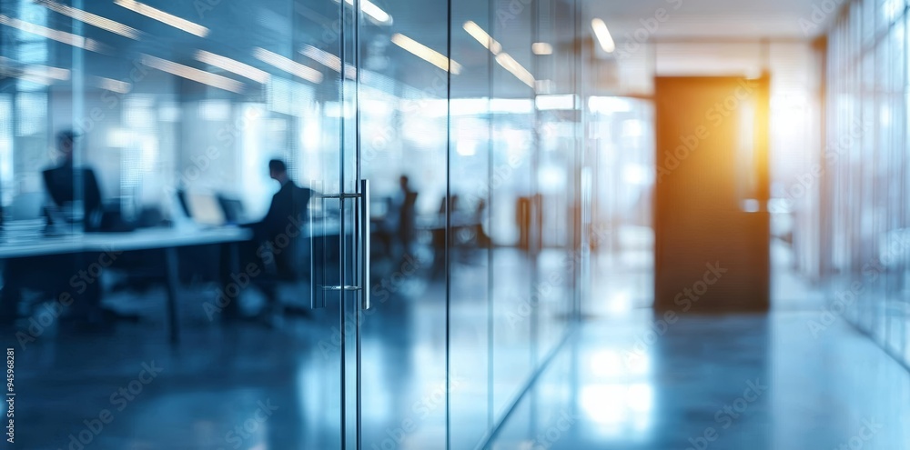 Behind the glass wall of a blurred office are people working Behind the glass wall of a blurred office are people working