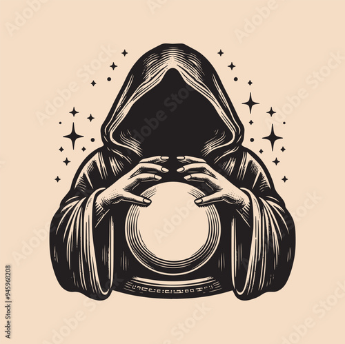Vintage engraving hand drawn magic crystal ball in hands of fortune teller line art . tattoo, print, cut out vector illustration.