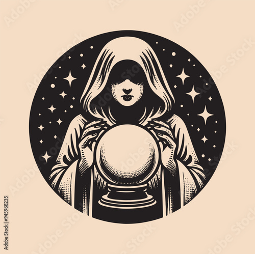 Vintage engraving hand drawn magic crystal ball in hands of fortune teller line art . tattoo, print, cut out vector illustration.