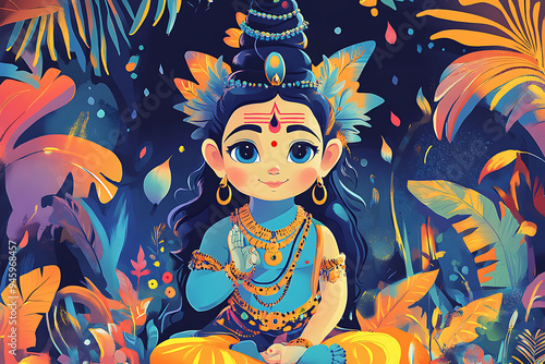 A vibrant cartoon illustration of Lord Shiva's child, beautifully capturing the essence of Hindu mythology