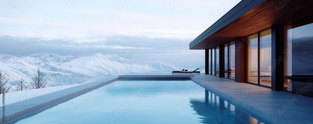 Fototapeta premium Modern luxury home with an infinity pool surrounded by snowy mountains, offering stunning views and serene outdoor living.