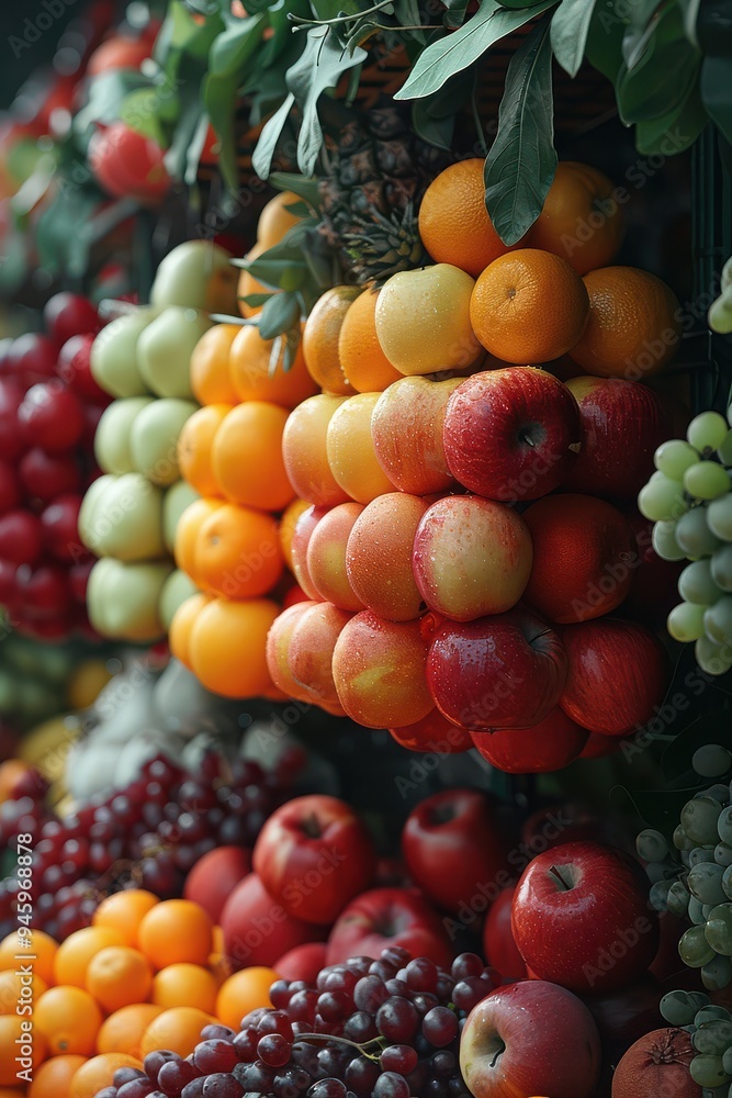 A vibrant display of fresh fruit at a local festival, featuring red apples, green grapes, and orange citrus fruits A vibrant display of fresh fruit at a local festival, featuring red apples, green grapes, and orange citrus fruits
