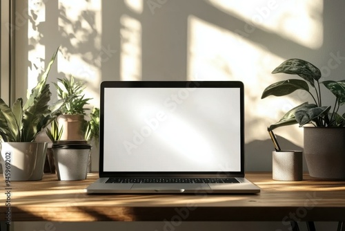 Wallpaper Mural A blank screen laptop rests on a wooden desk, flanked by potted plants and office supplies. This well-lit workspace promotes creativity and productivity in a natural environment Torontodigital.ca