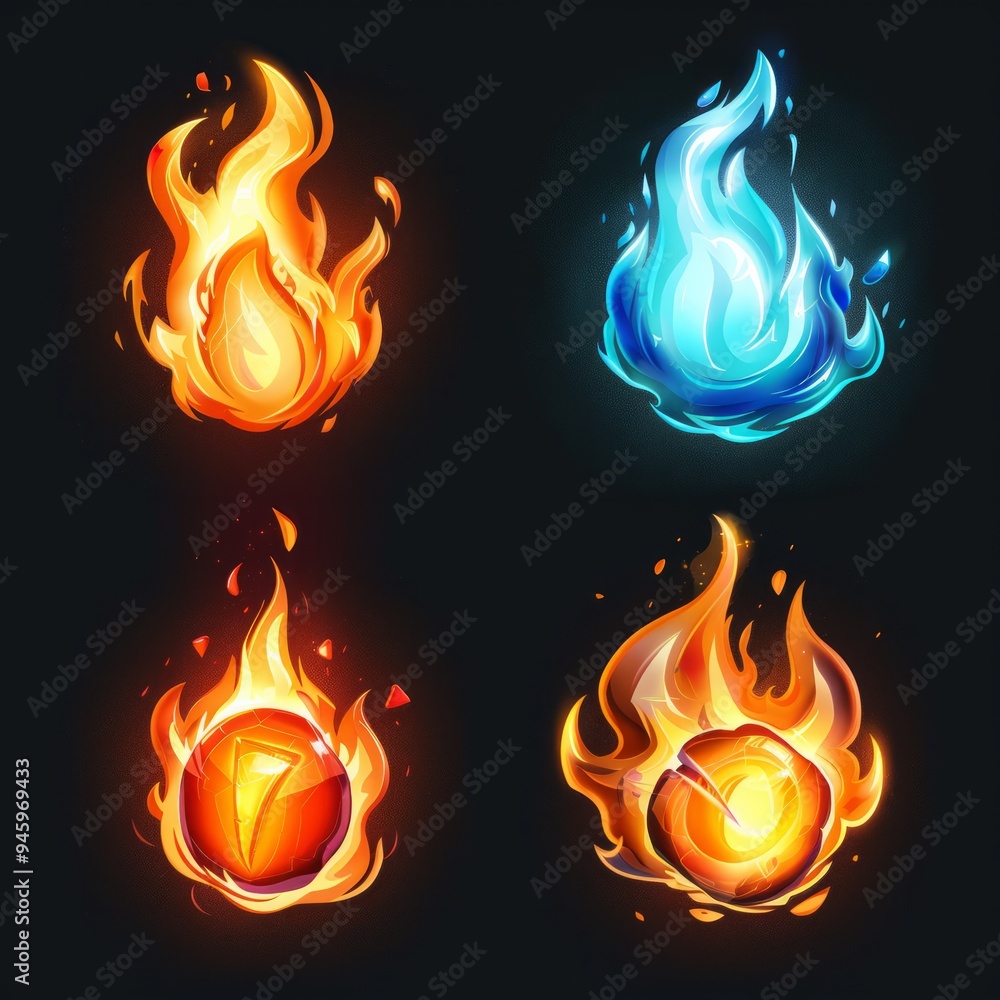 Set of four icons of fire for game Set of four icons of fire for game