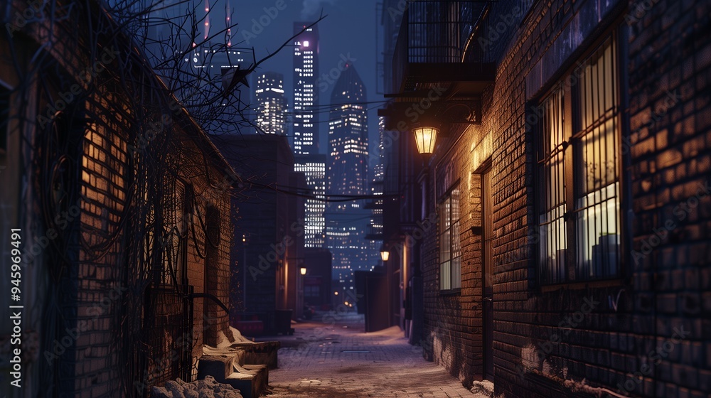 A nighttime alleyway with snow, leading to a city skyline in the background. A nighttime alleyway with snow, leading to a city skyline in the background.