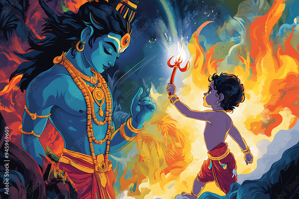 A vibrant cartoon illustration of Lord Shiva's child, beautifully capturing the essence of Hindu mythology A vibrant cartoon illustration of Lord Shiva's child, beautifully capturing the essence of Hindu mythology