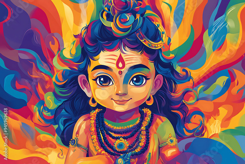 A vibrant cartoon illustration of Lord Shiva's child, beautifully capturing the essence of Hindu mythology