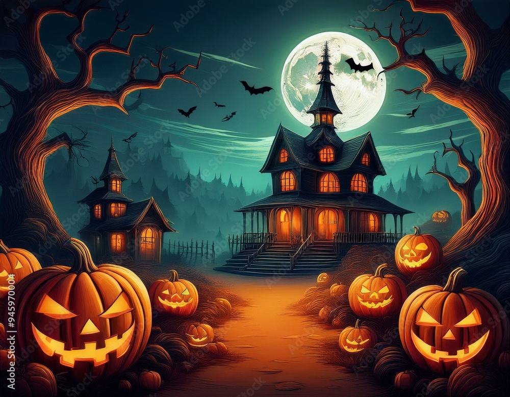 Fototapeta premium Halloween background with pumpkins and haunted house and moon