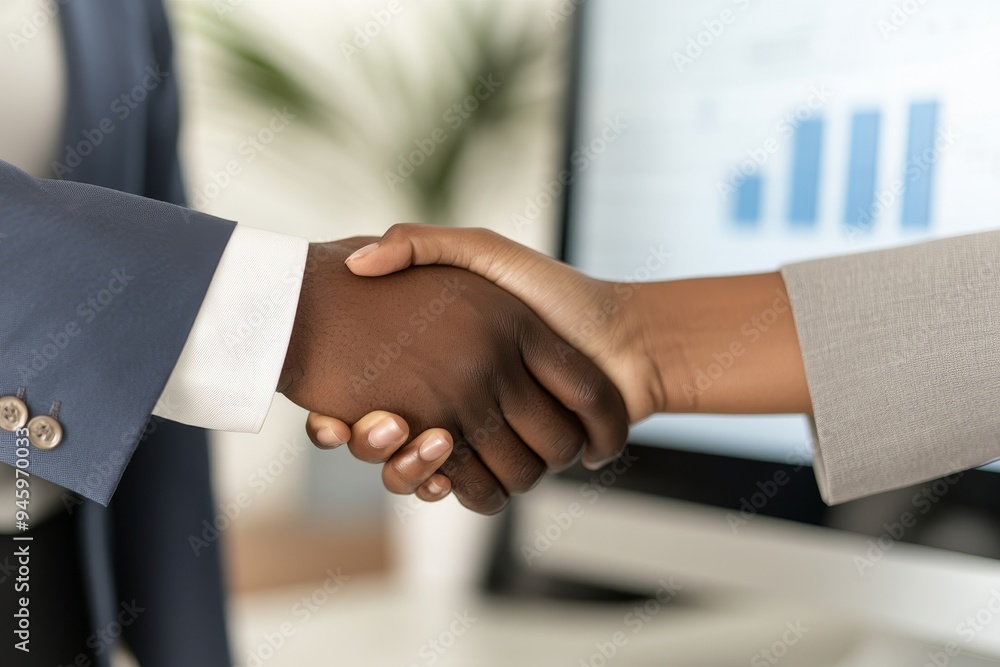 An image of two business people shaking hands in an office. The first is a black man, and the second is a white man wearing a blue suit. An image of two business people shaking hands in an office. The first is a black man, and the second is a white man wearing a blue suit.